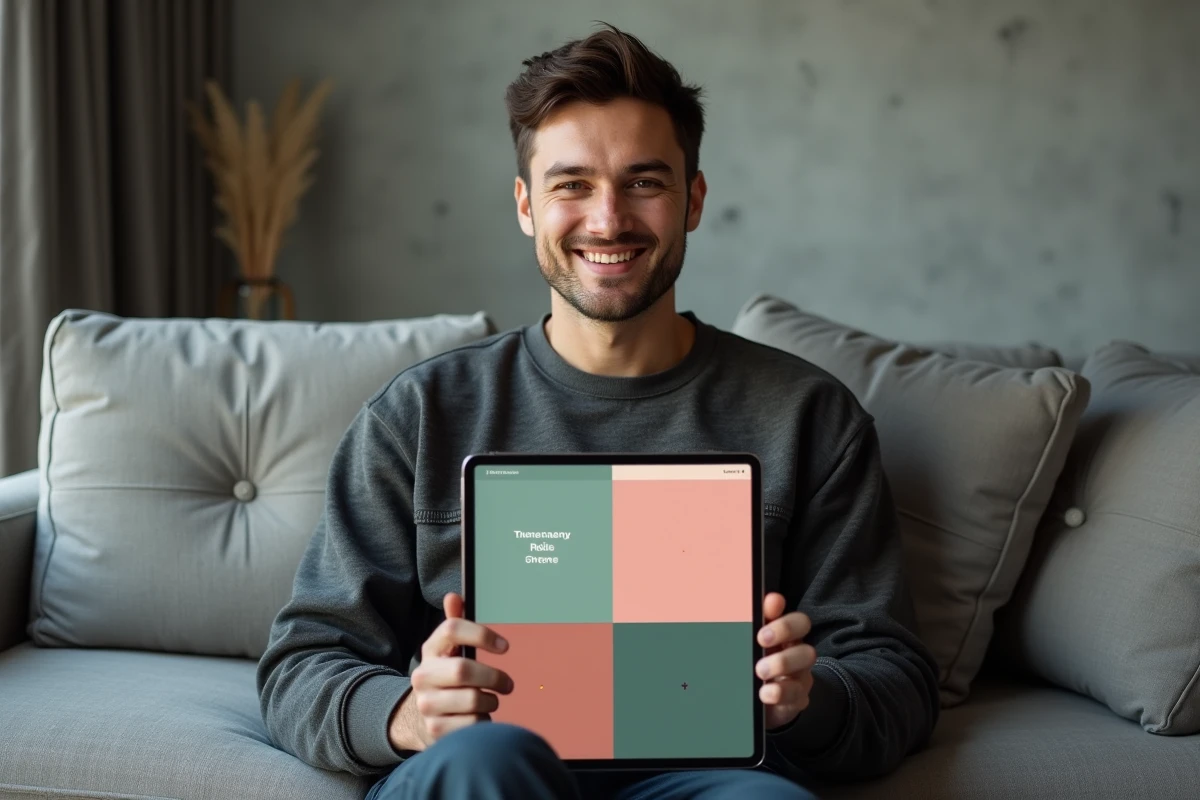 Homme consultant un plan de feed Instagram cohérent créé avec Canva sur tablette