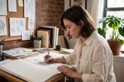 Jeune femme passionnée de dessin travaillant sur des illustrations dans un carnet de croquis dans son studio créatif