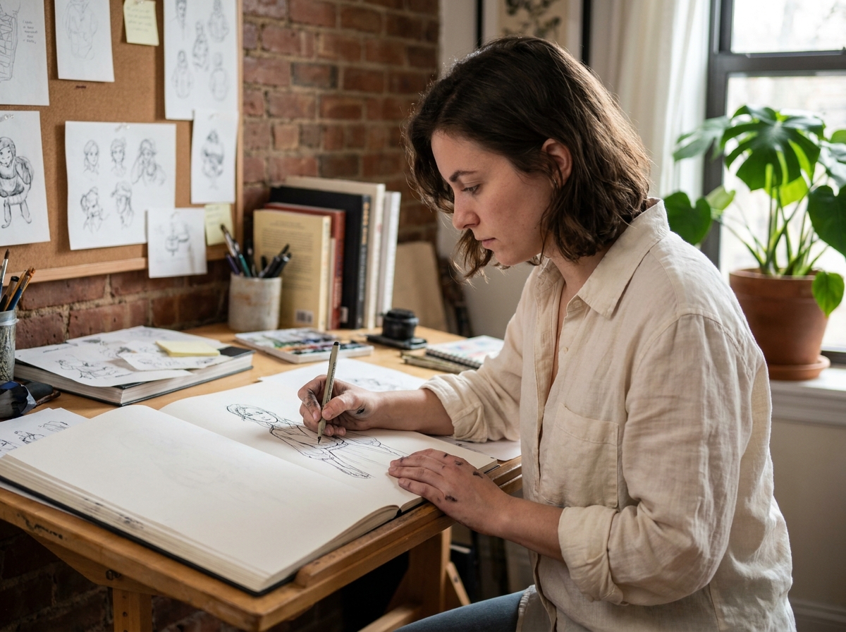 Jeune femme passionnée de dessin travaillant sur des illustrations dans un carnet de croquis dans son studio créatif