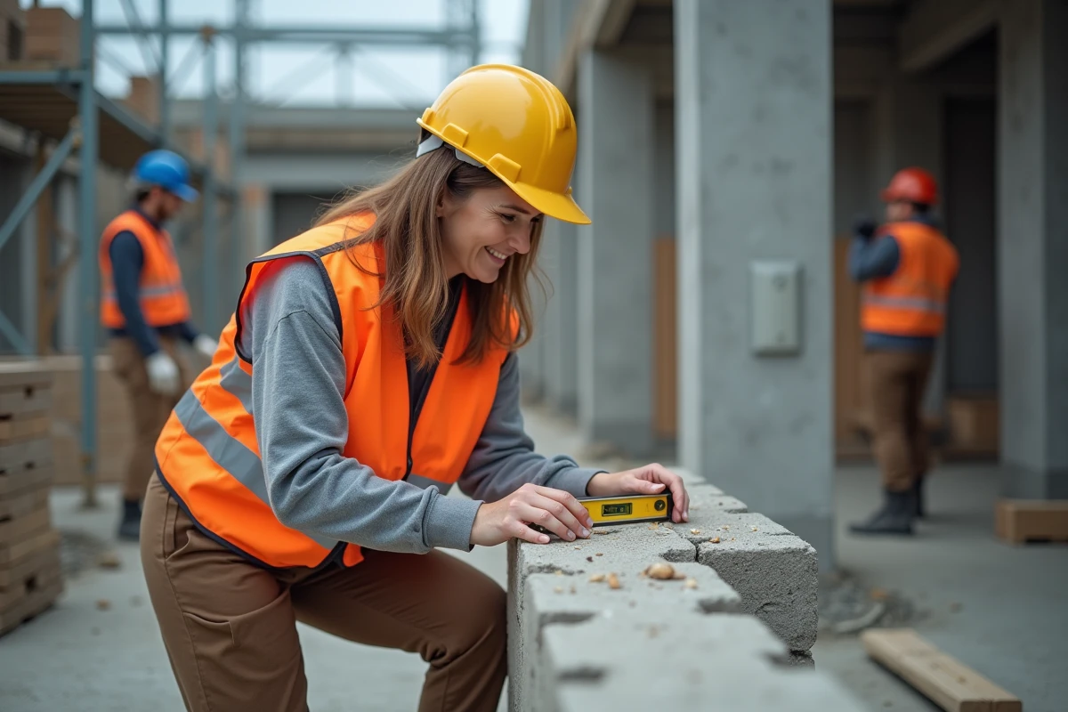 Femme stagiaire en travaux pratiques BTP sur un chantier école avec équipements de sécurité