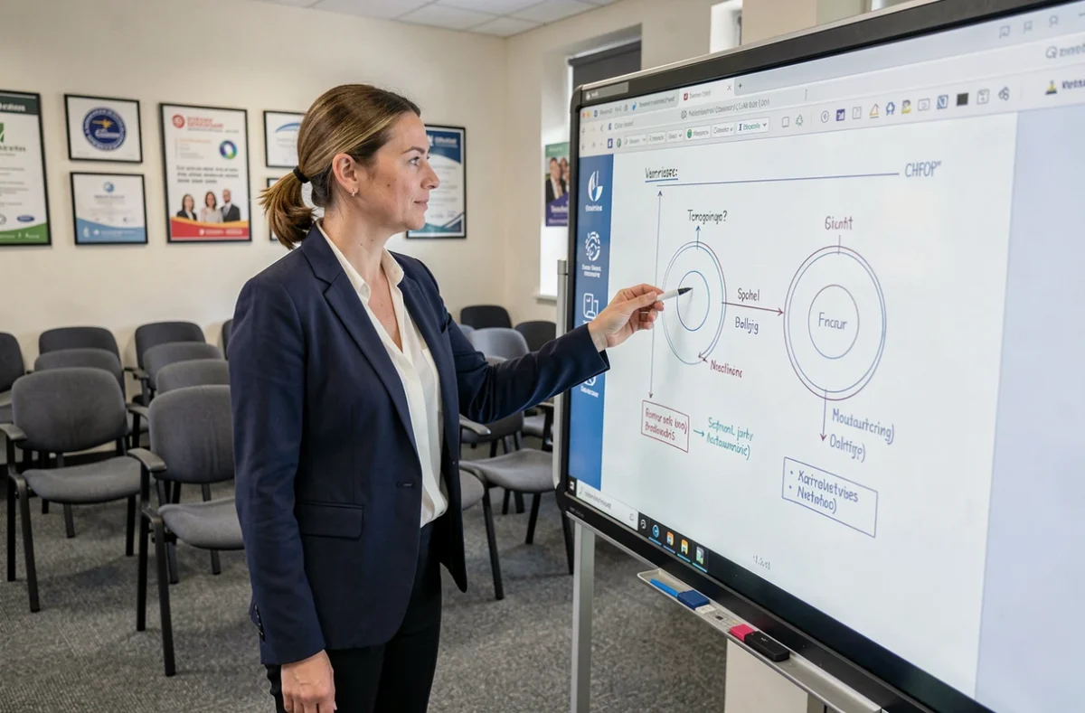 Formatrice professionnelle animant une session de formation devant un tableau interactif dans un centre de formation agréé dans l'Aisne