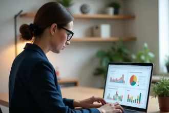 Femme formatrice analysant des outils de segmentation emailing sur un tableau de bord numérique depuis son bureau à domicile