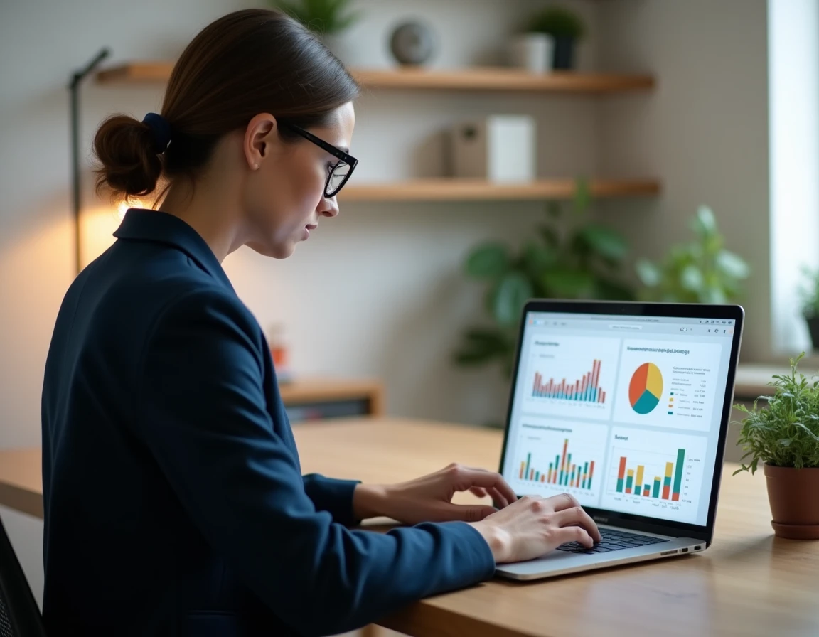Femme formatrice analysant des outils de segmentation emailing sur un tableau de bord numérique depuis son bureau à domicile