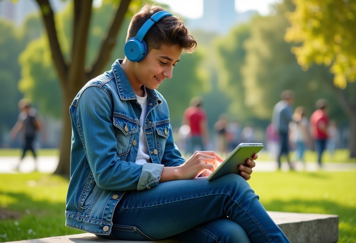 Adolescent en jean utilise une tablette dans un parc urbain