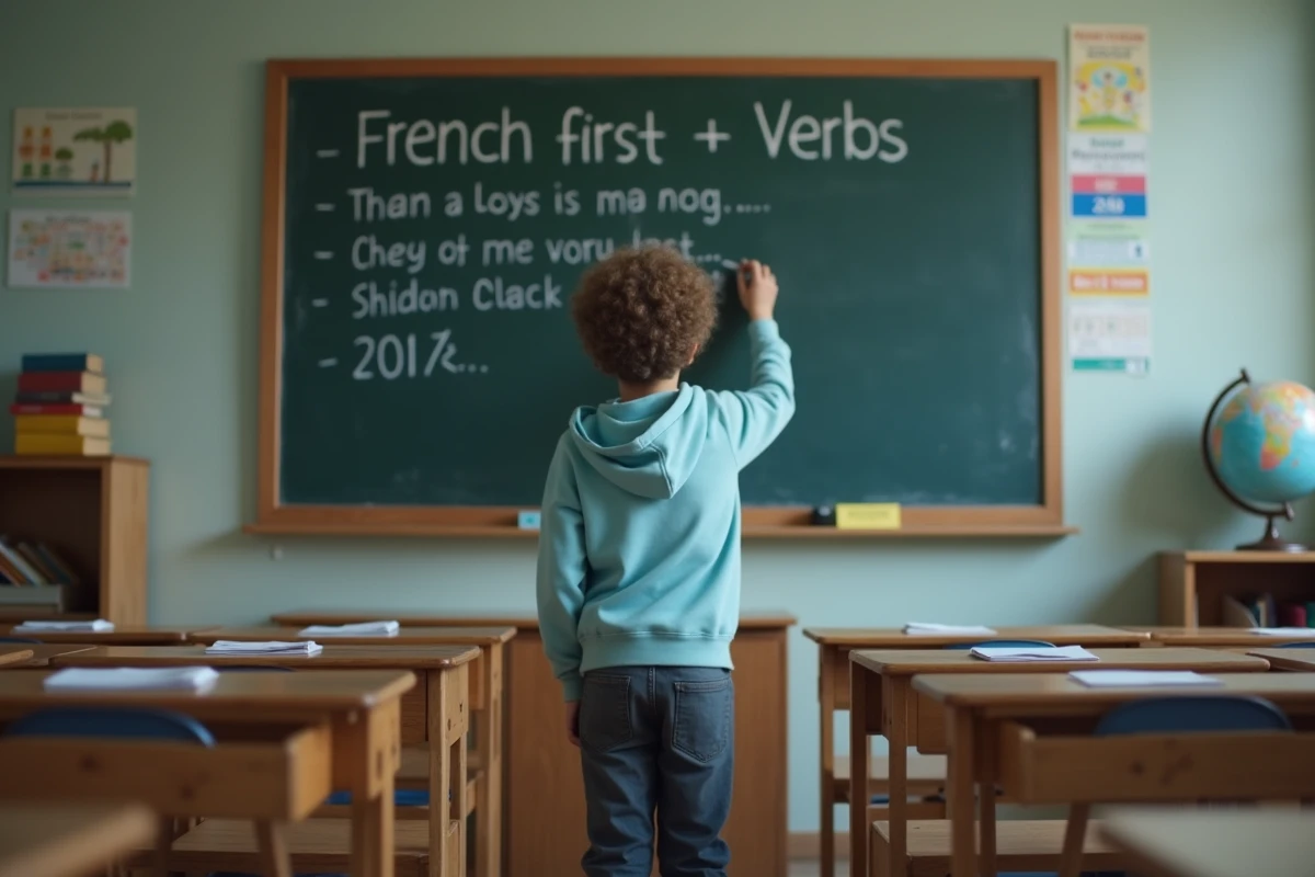 Garçon écrivant des verbes français au tableau en classe