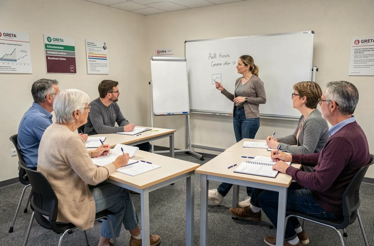 Adultes en formation professionnelle continue dans une salle de cours du GRETA Lorraine Nord, animée par un formateur