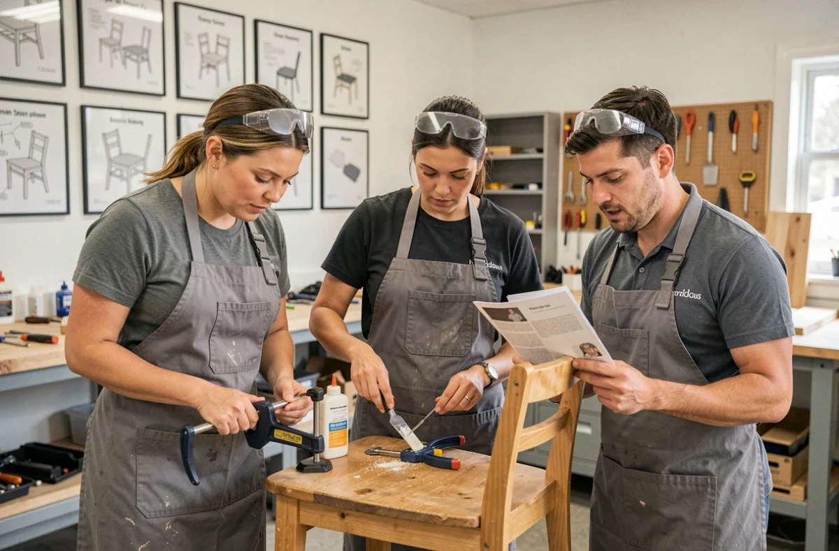 Groupe d'adultes collaborant pour réparer une chaise en bois lors d'un stage bricolage collectif Bricoludik