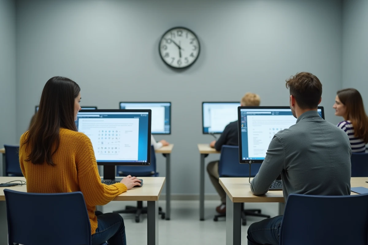 Groupe de candidats passant un test de QI sur ordinateur dans un centre d'évaluation lors d'un recrutement