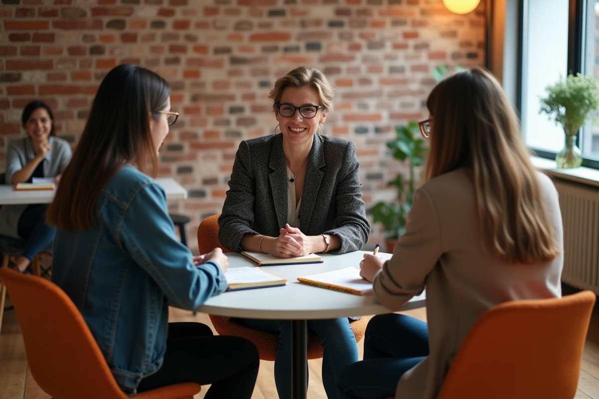 Groupe diversifié de professionnels en séance de coaching conviviale