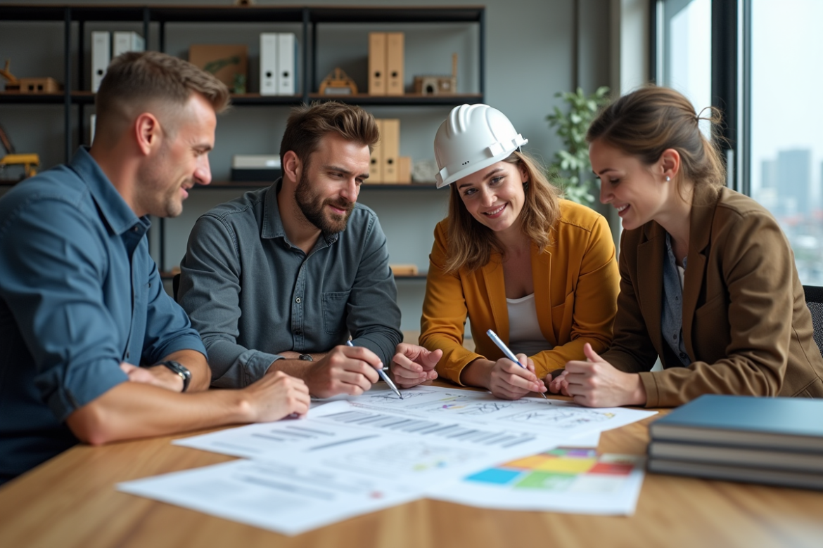 Groupe de quatre adultes discutant autour d'une table dans un bureau moderne