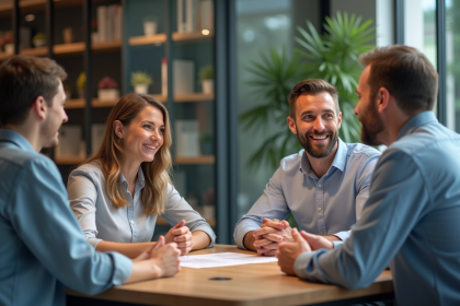 Groupe de quatre adultes en discussion dans un bureau moderne