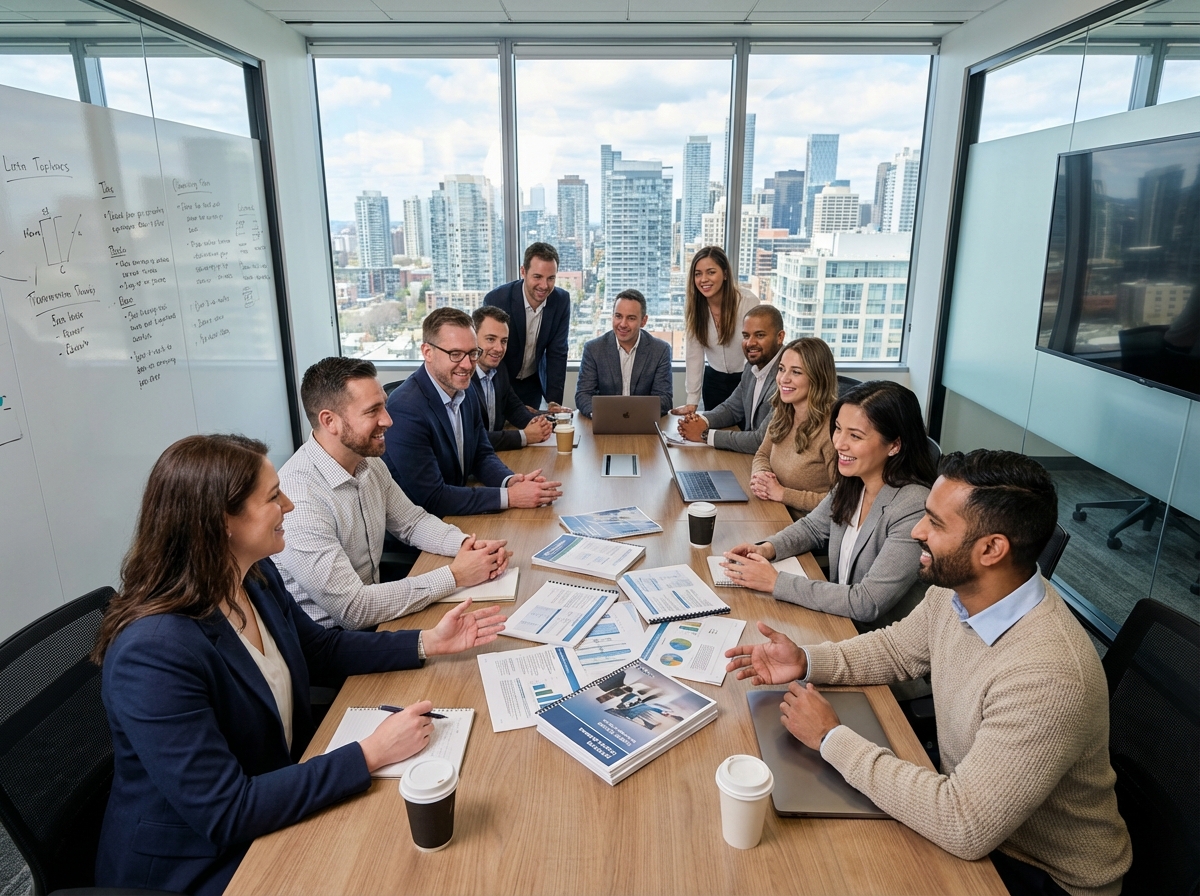 Groupe de professionnels discutant autour d