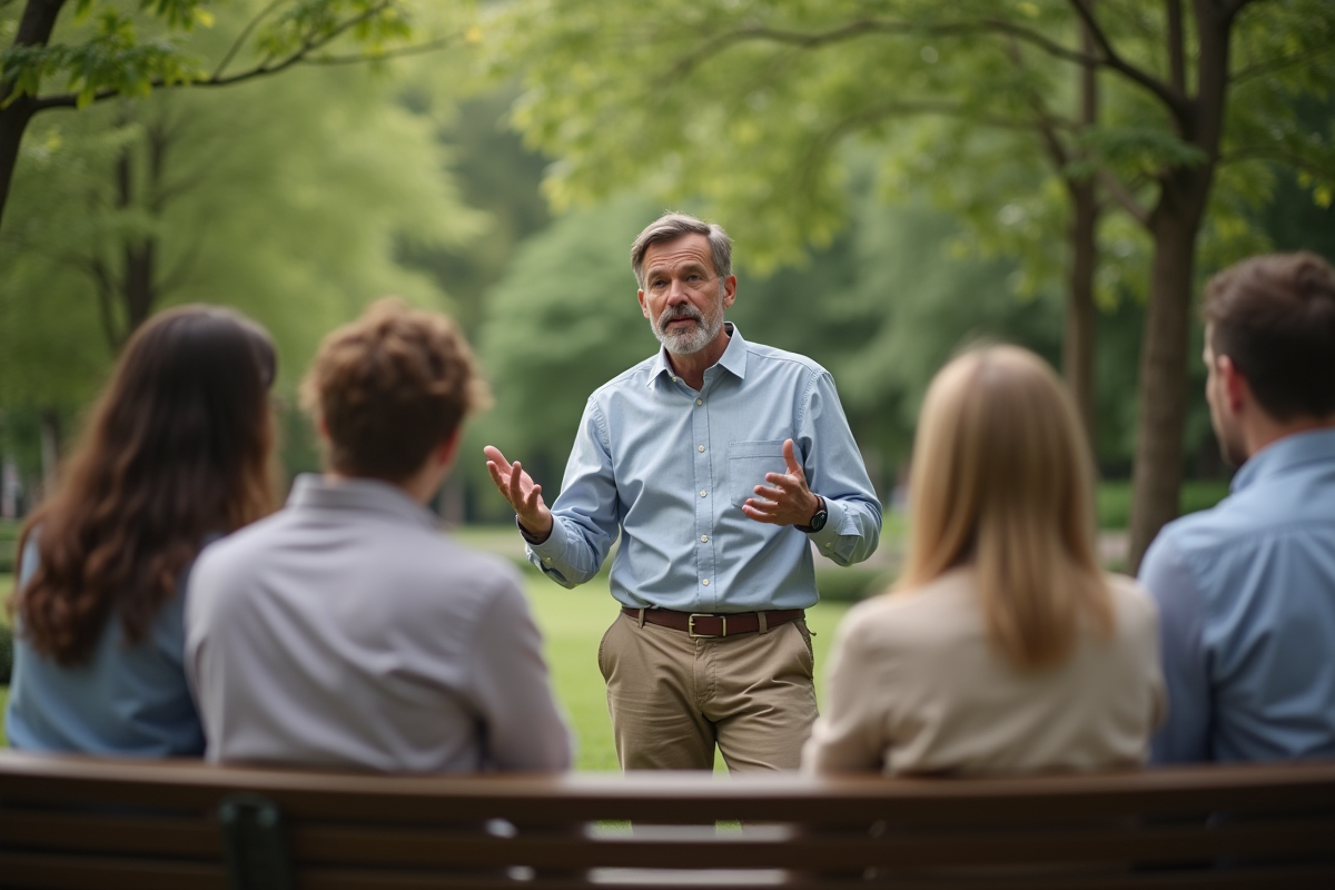 Groupe en discussion dans un parc urbain verdoyant