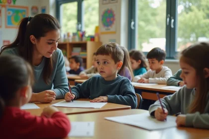 Enfants d'école primaire en classe avec éducateur attentif