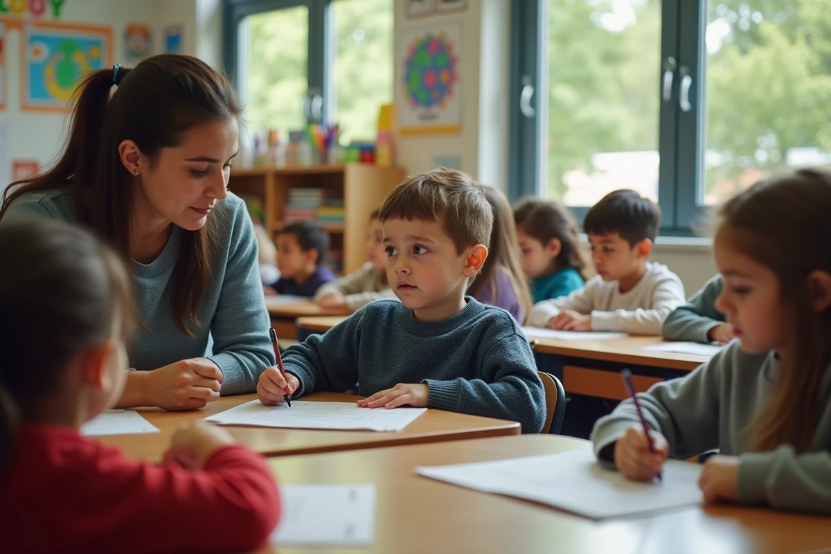 Enfants d'école primaire en classe avec éducateur attentif
