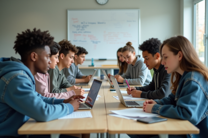 Jeunes adultes collaborant en classe moderne