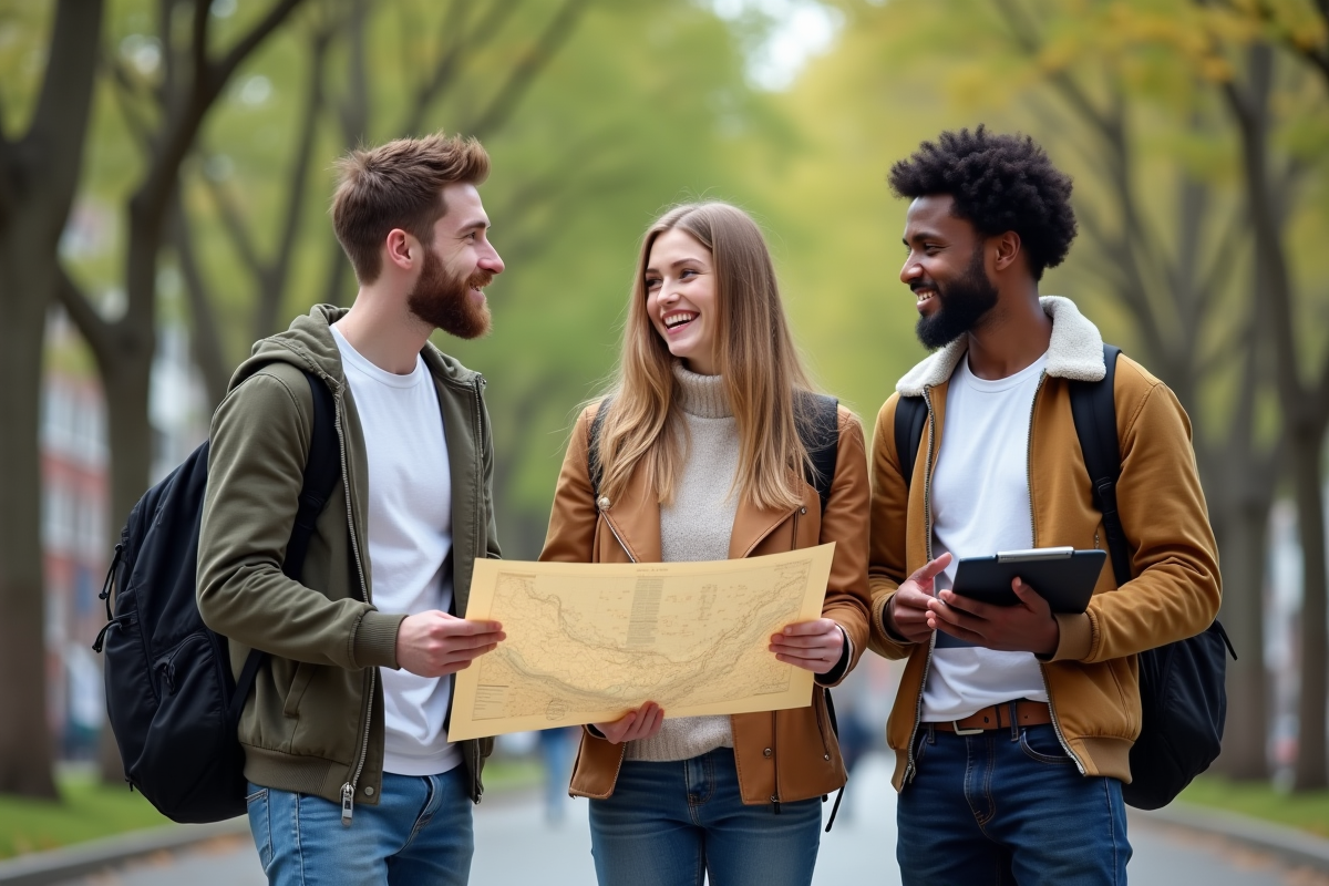 Trois jeunes adultes discutant avec carte en ville