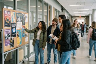 Groupe de jeunes adultes autour d'un panneau d'affiches de films