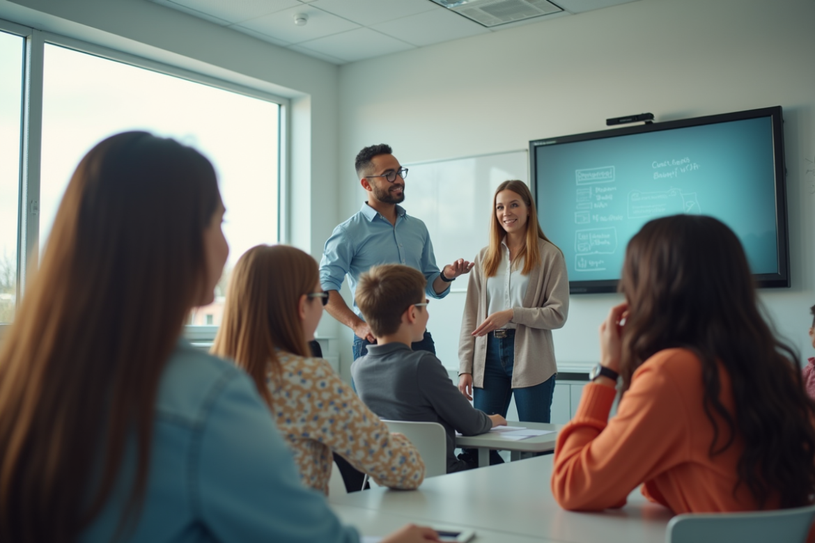 Groupe de lycéens et professeur autour d'un tableau interactif