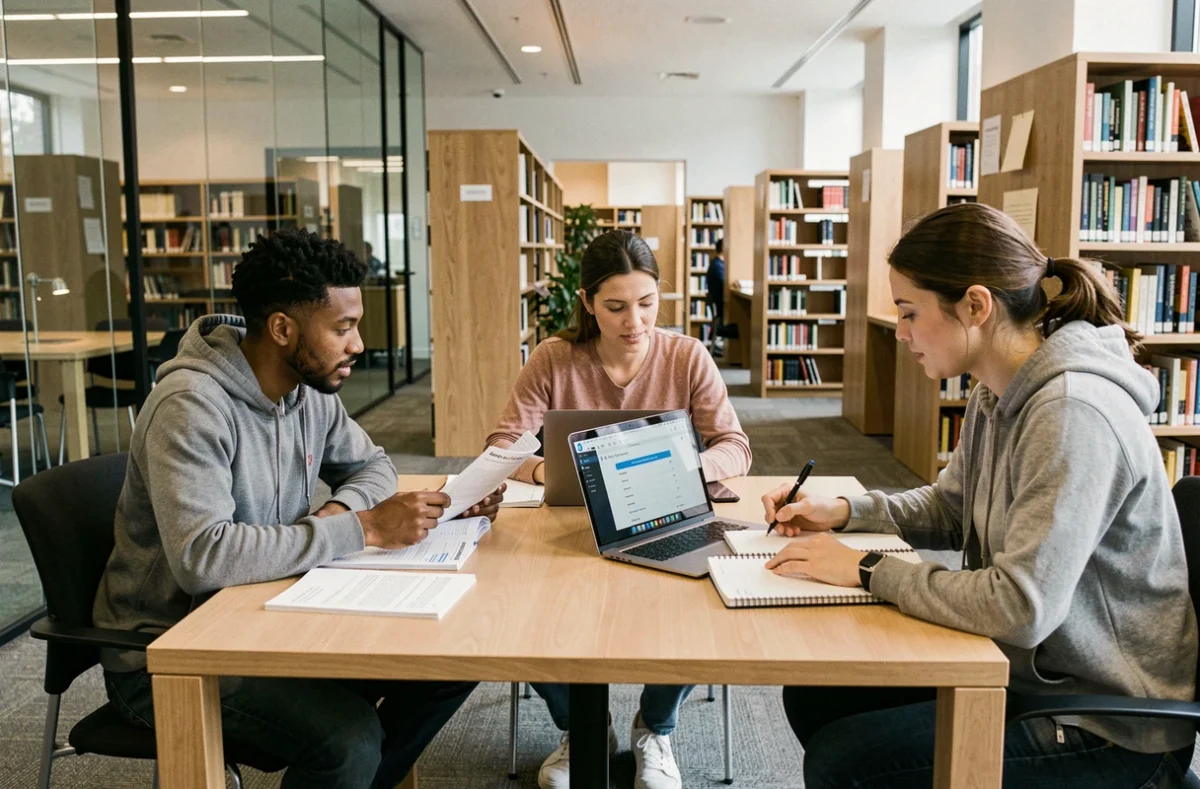 Groupe d'adultes préparant le code de la route avec quiz interactif et documents PDF dans une bibliothèque moderne