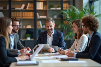 Groupe de professionnels en réunion dans un bureau moderne