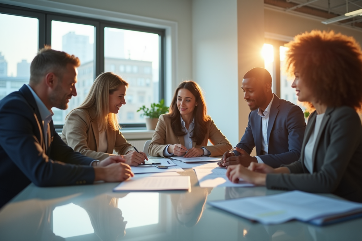 Groupe de professionnels collaborant dans un espace lumineux