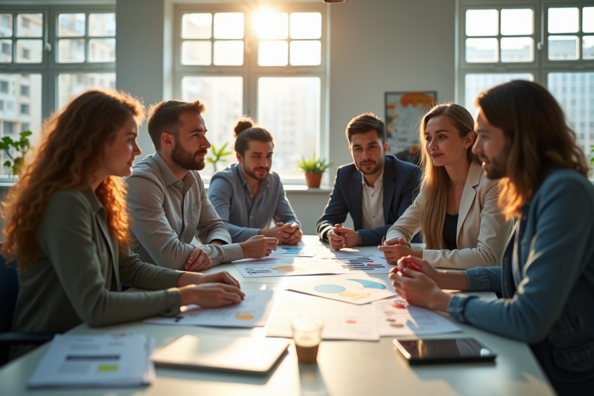 Groupe diversifié collaborant autour d'une table moderne en réunion