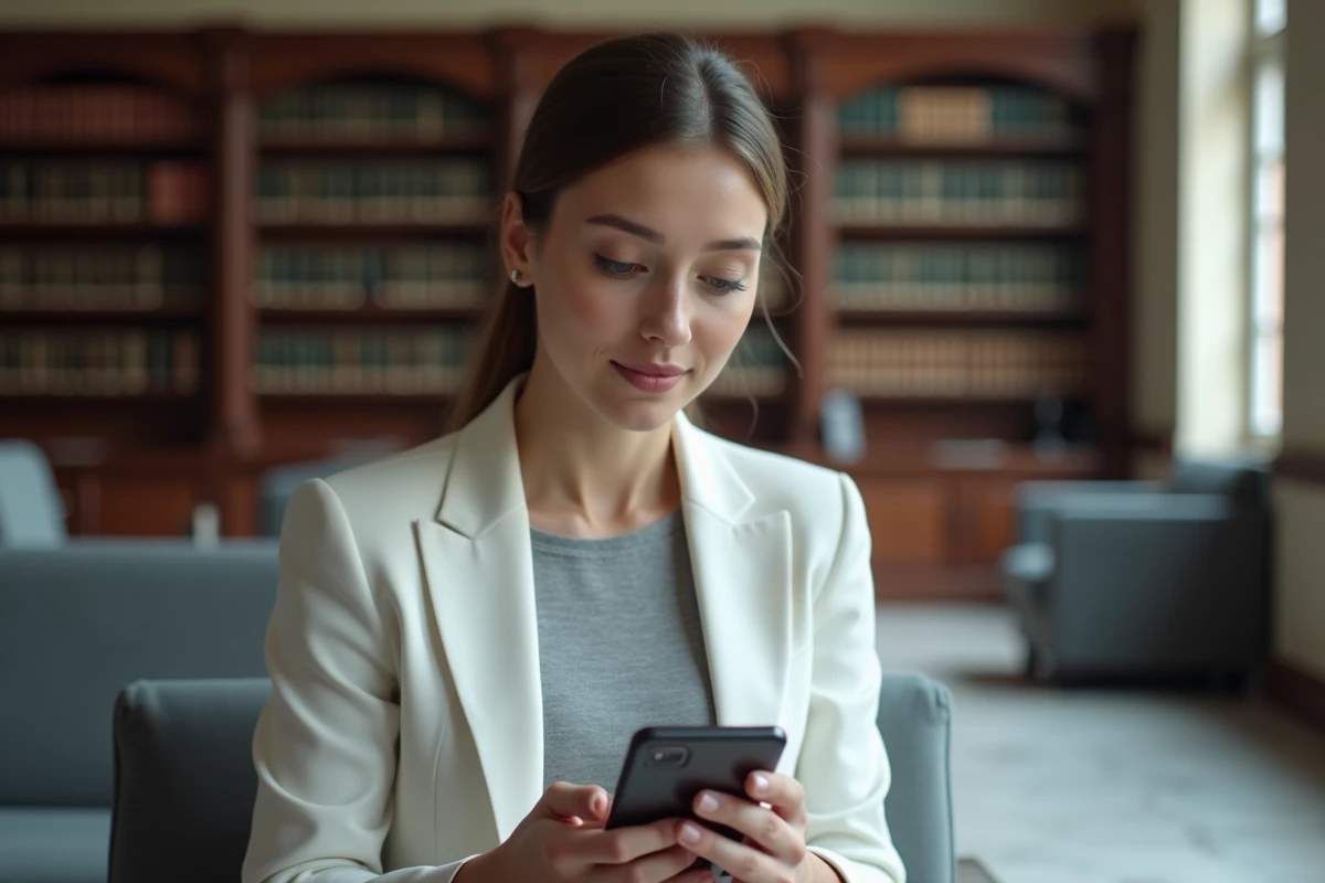 Jeune femme s'authentifiant sur Arena Versailles via smartphone dans un cadre administratif officiel