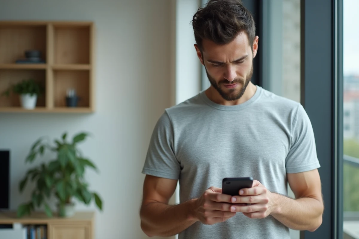 Homme configurant l'accès à l'ENT Unice depuis son smartphone dans un appartement moderne