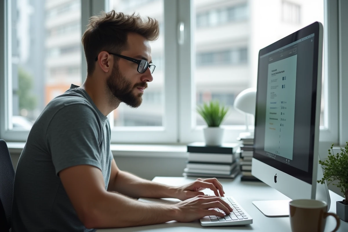 Homme adulte dans la trentaine passant un test de QI en ligne sur ordinateur de bureau dans un bureau à domicile moderne