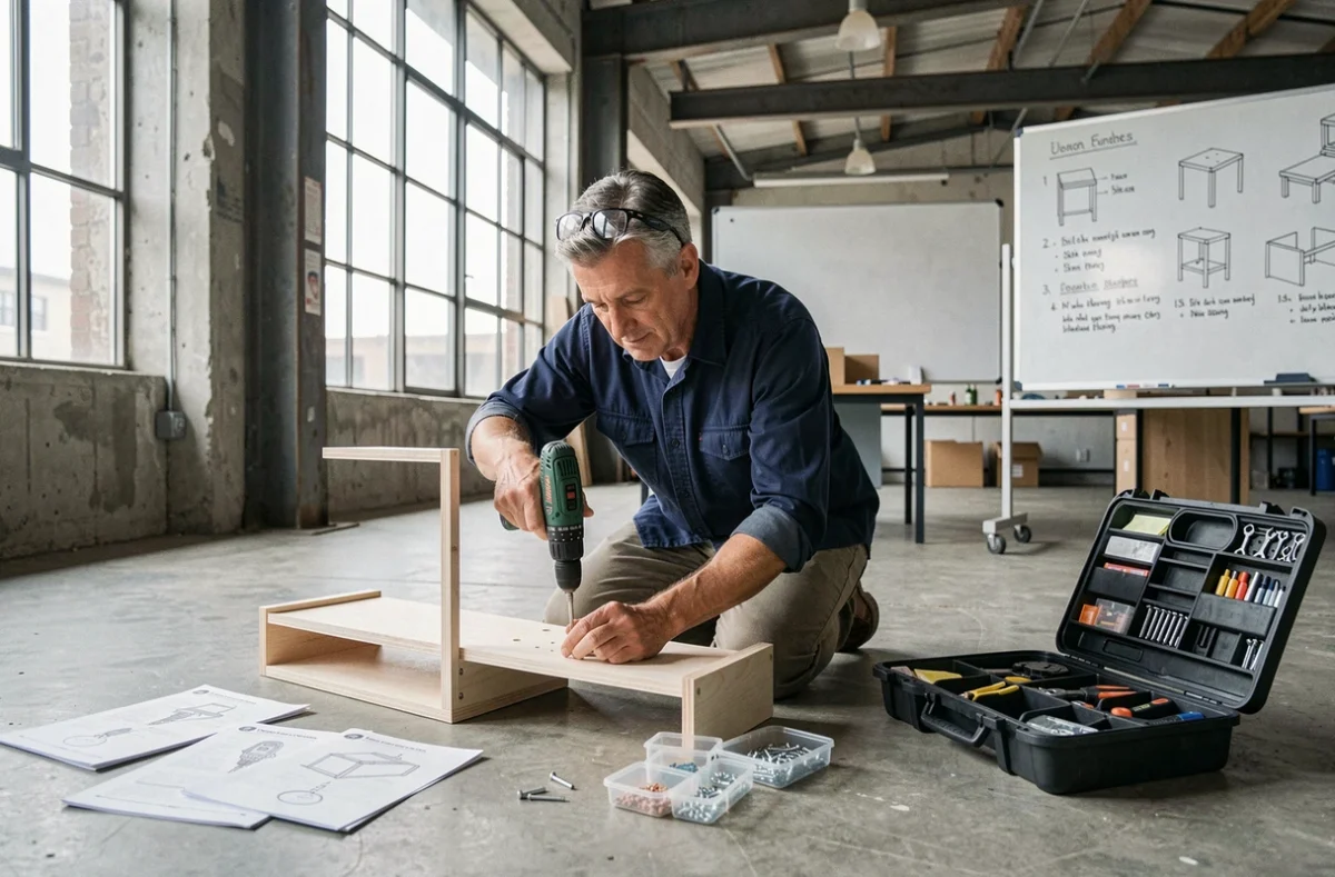 Homme en train d'assembler un meuble avec une perceuse lors d'un atelier bricolage pratique pour débutants