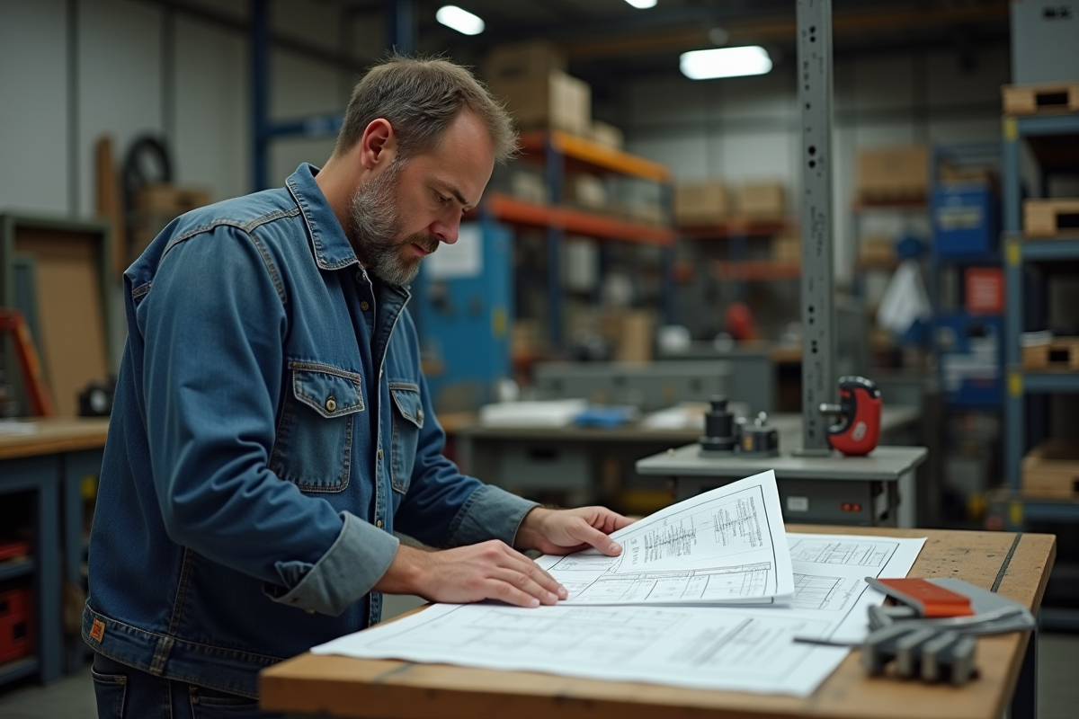 Homme examinant des plans techniques dans un atelier industriel