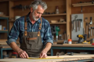 Homme d'âge moyen mesurant une planche en bois dans son atelier