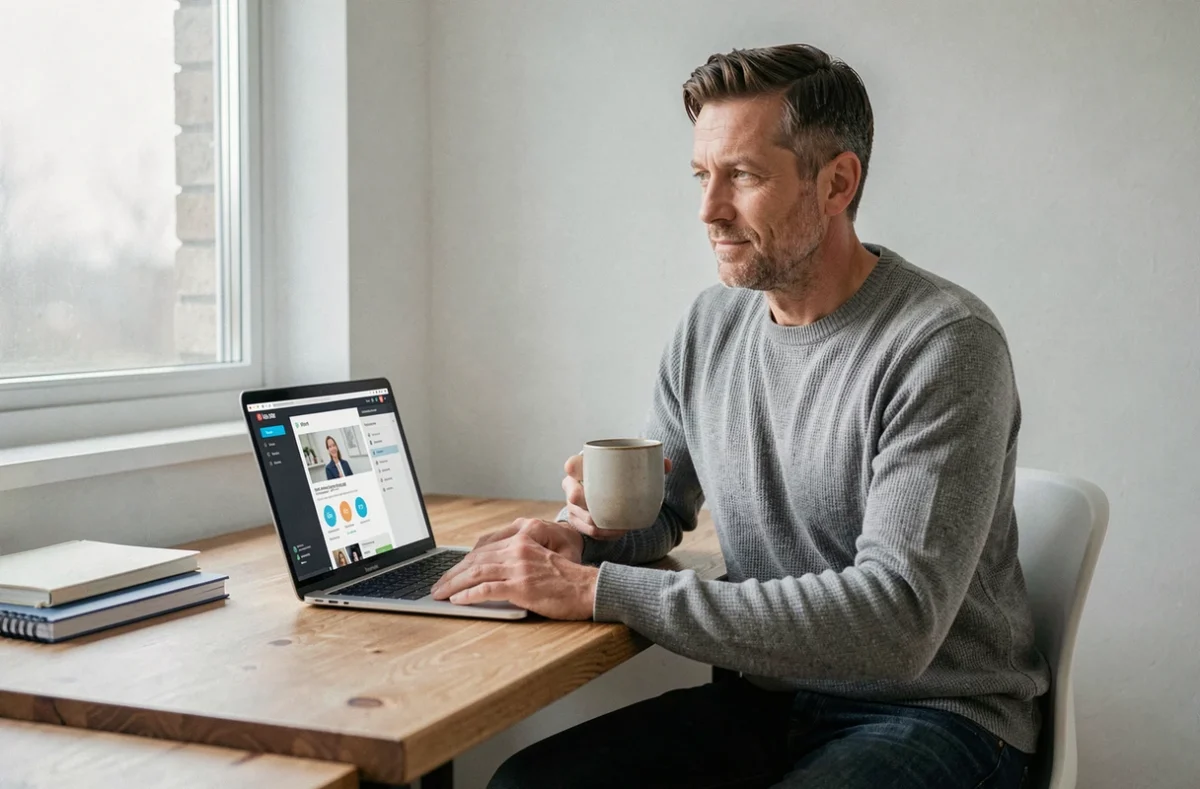 Homme d'une quarantaine d'années explorant une plateforme de coaching de carrière en ligne depuis son domicile