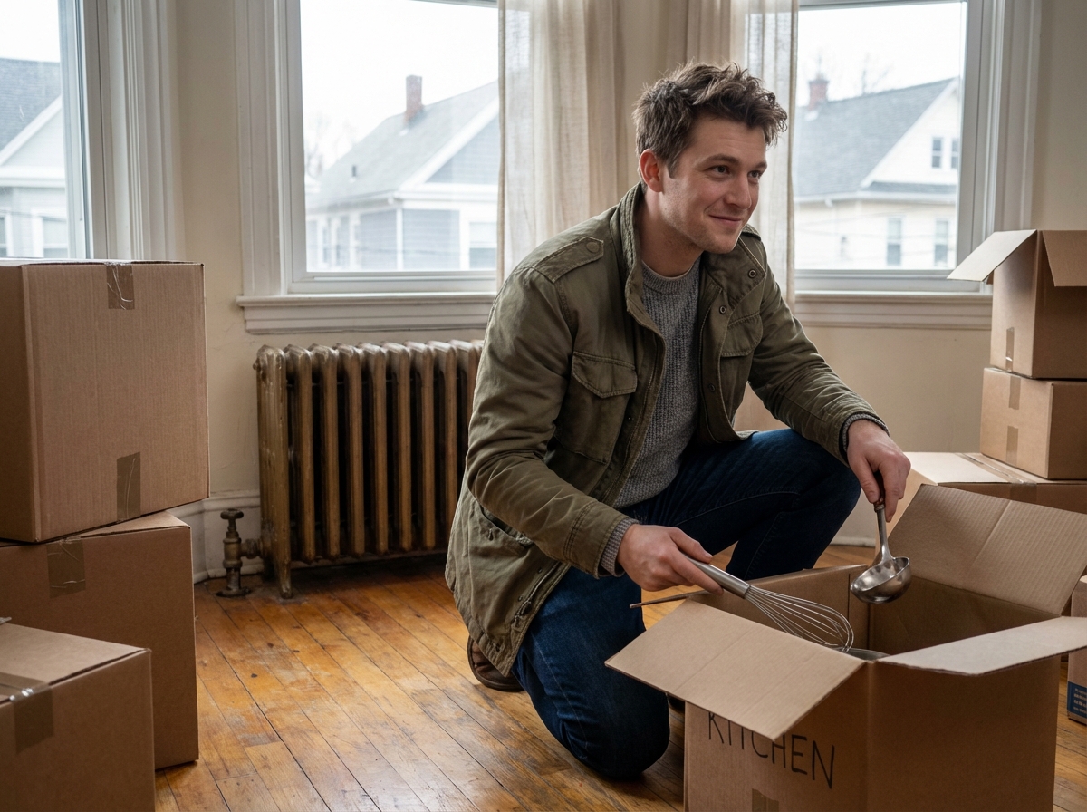 Jeune homme déballant ses ustensiles dans son nouveau logement