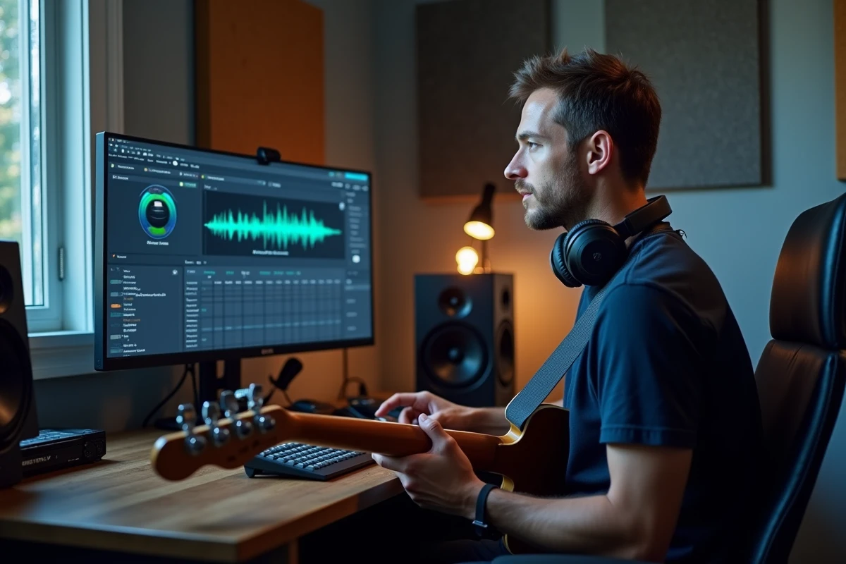 Homme adulte pratiquant la guitare électrique dans un home studio avec suivi de cours en ligne personnalisé