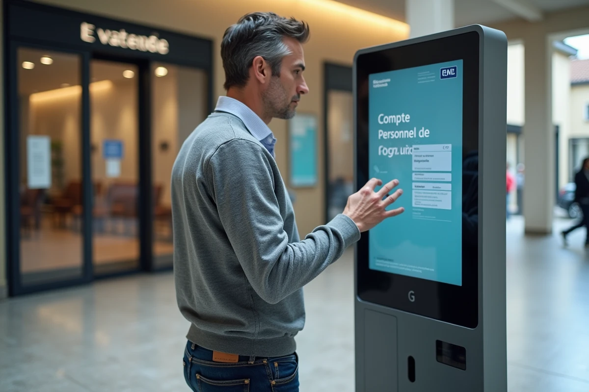 Homme dans un hall de mairie utilise un kiosque interactif formation