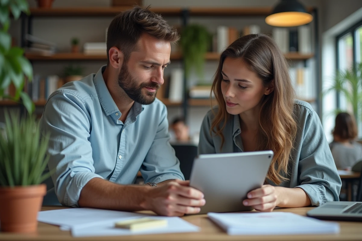 Homme conseillant un collègue dans un bureau dynamique