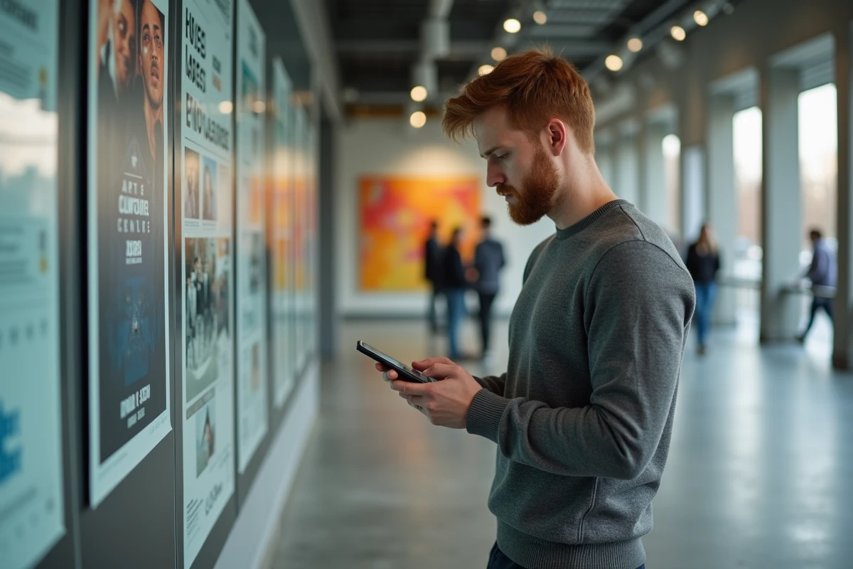 Jeune homme consultant une offre d'emploi dans le secteur culturel sur smartphone dans le hall d'un centre culturel contemporain