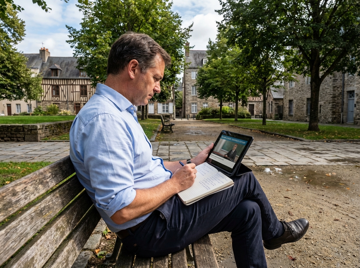 Homme étudiant dans un parc à Rennes avec un tablet et un carnet