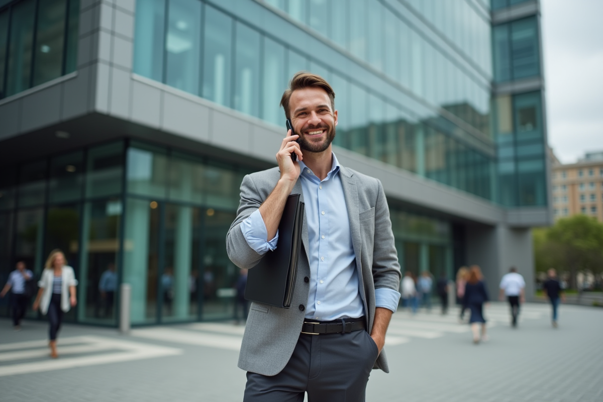 Homme parlant au smartphone devant un bâtiment moderne