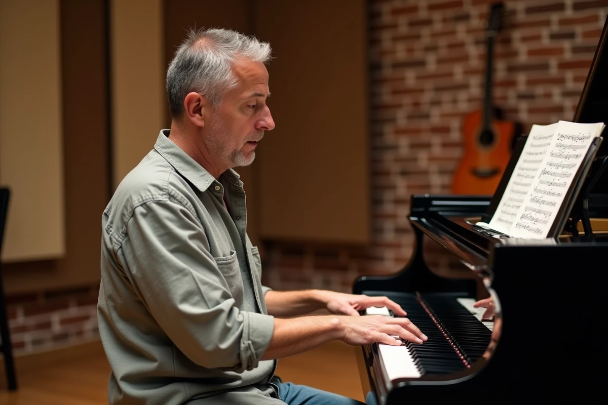 Homme adulte apprenant le piano par imitation sans lire de solfège dans un studio de musique communautaire avec un ordinateur portable