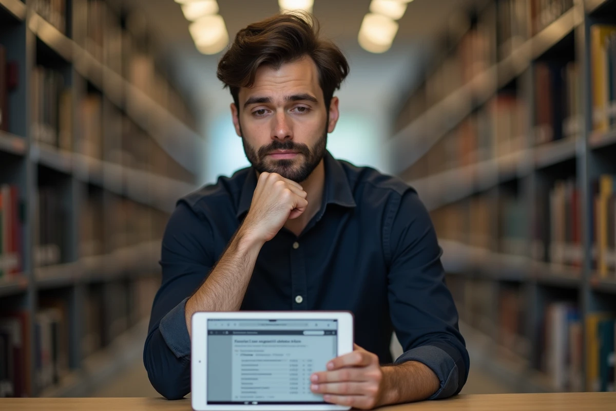 Homme réfléchi effectuant un test de QI officiel sur une tablette dans une bibliothèque