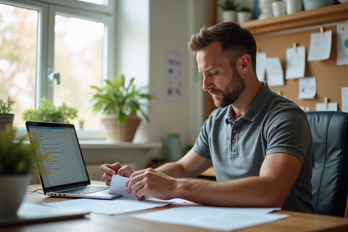 Homme d age moyen pliant du materiel d emballage au bureau