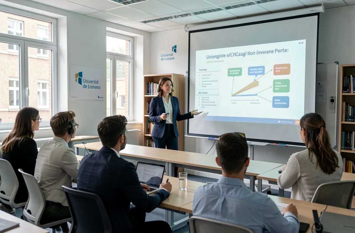 Cours de management en salle à l'IAE Metz - Université de Lorraine, site de Nancy, avec une enseignante et des étudiants adultes