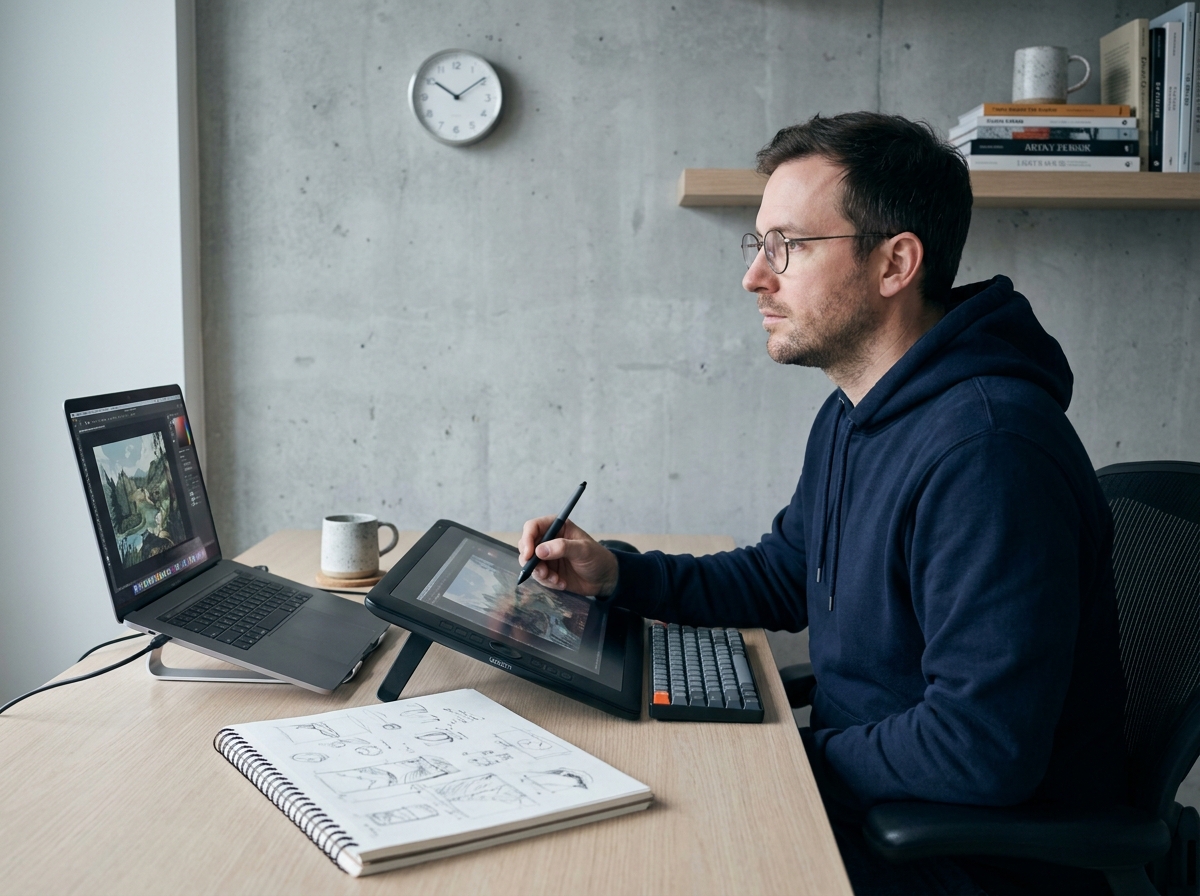 Illustrateur adulte travaillant sur une illustration numérique avec une tablette graphique et un carnet de croquis à son bureau