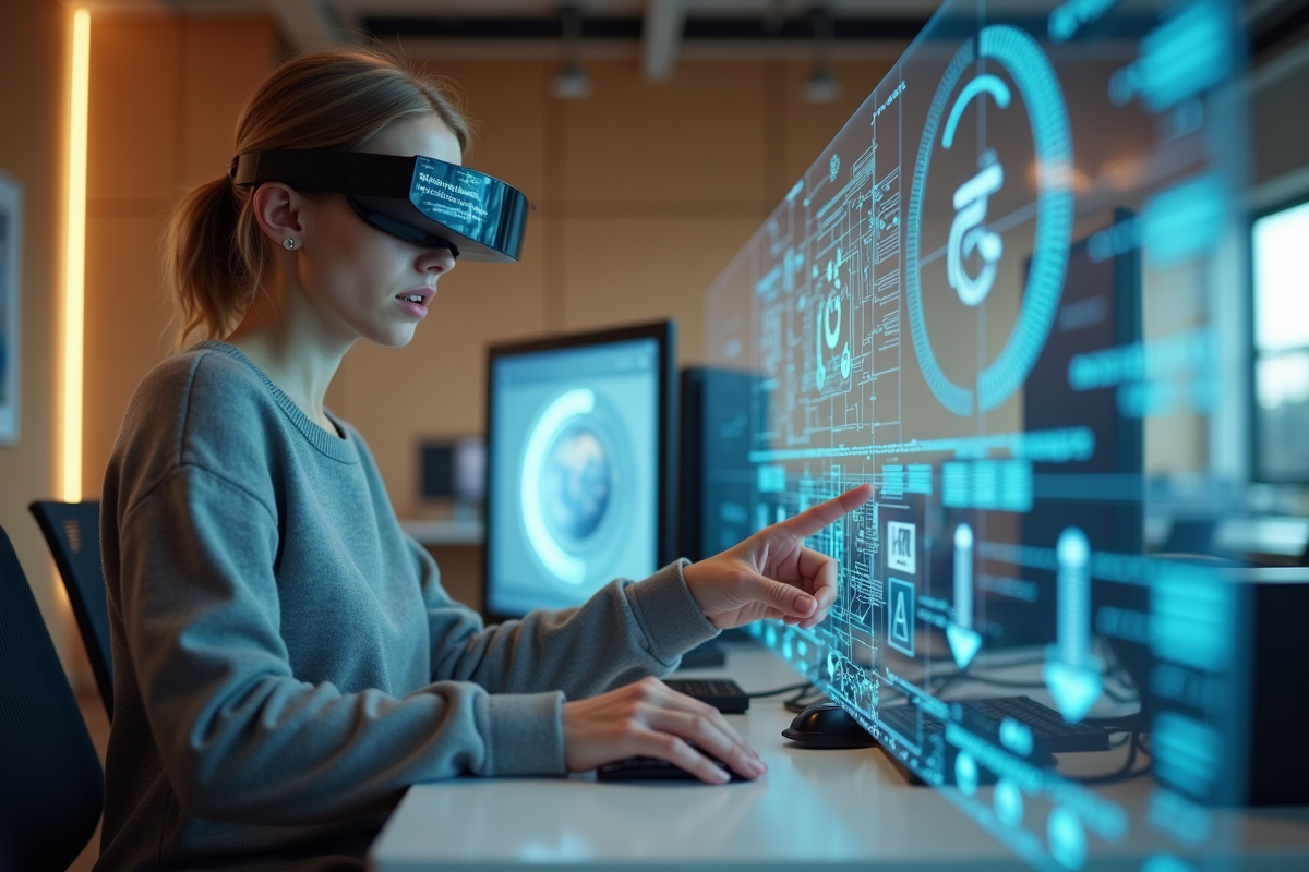 Ingénieure utilisant réalité augmentée en espace tech