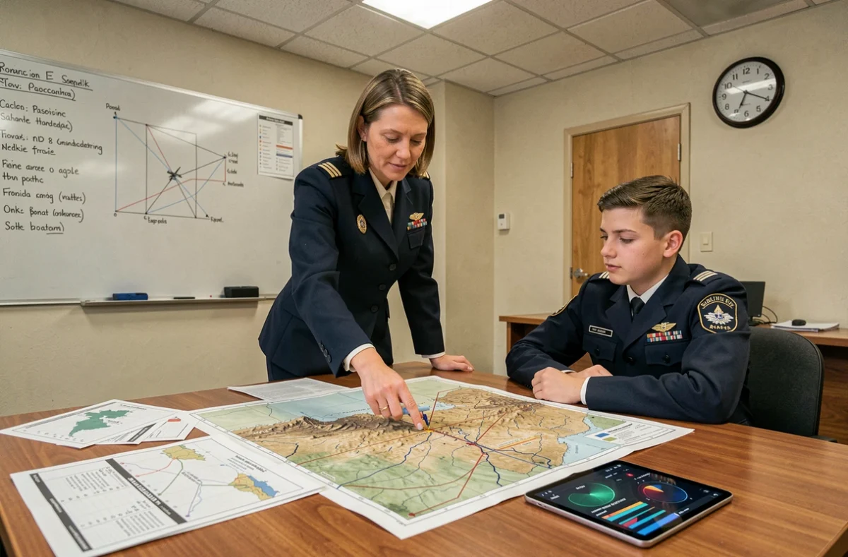 Instructrice pilote militaire guidant un cadet lors d'un briefing de navigation aérienne dans une salle de formation