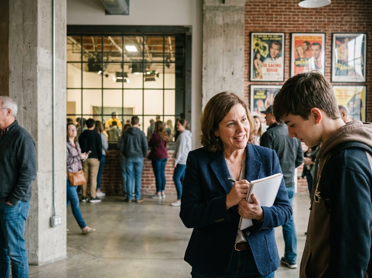 Femme professionnelle parlant à un adolescent dans un studio de cinéma