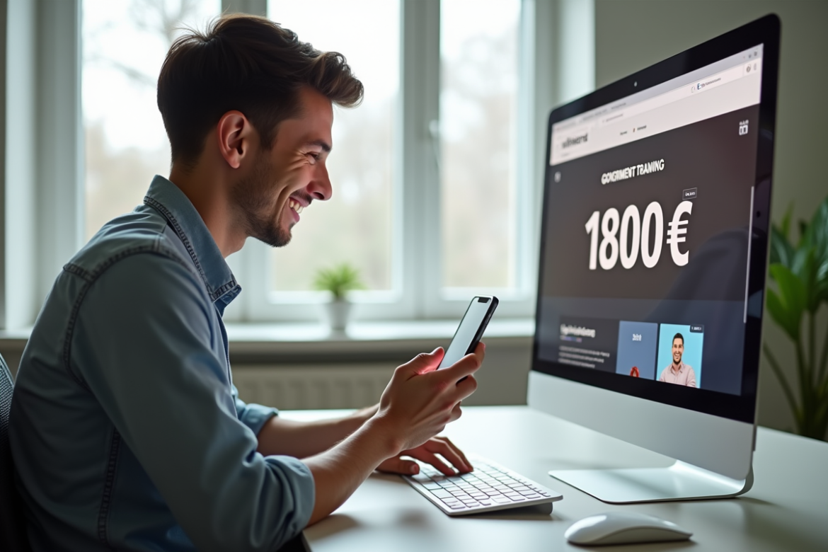 Jeune adulte souriant utilisant un smartphone dans un bureau lumineux